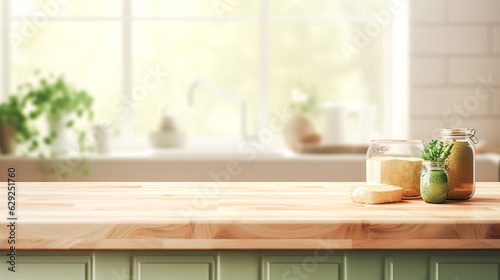 Selective focus.Wood desk counter bar in cozy kitchen with window green garden view.food and drink background.ai generated images