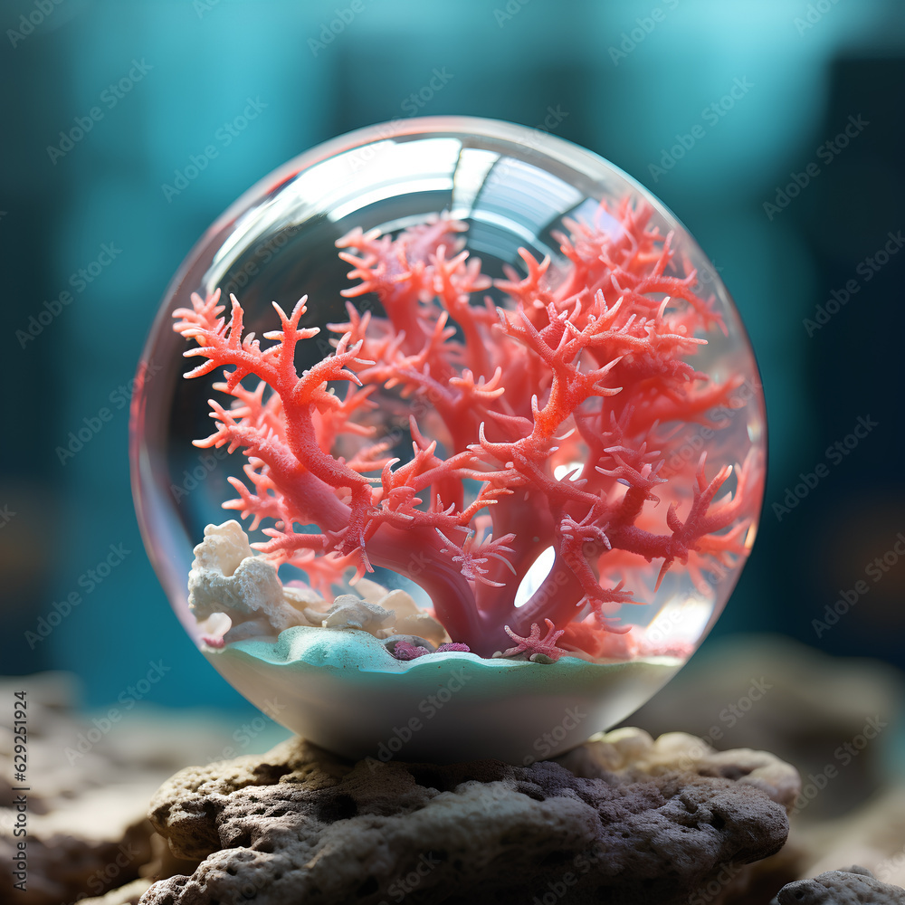 A small spherical aquarium with beautiful pink corals on a small coral rock