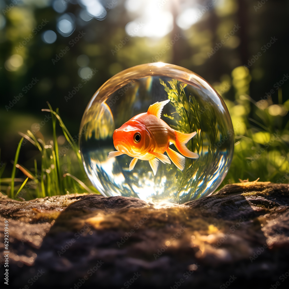 A gold fish in a crystal ball right by a small pond
