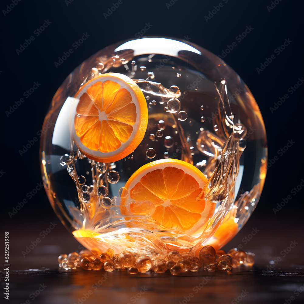 A glass sphere with two slices of orange and bubbles inside it