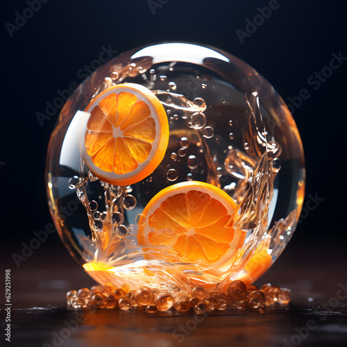 A glass sphere with two slices of orange and bubbles inside it