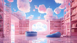 3d barbie rendering and illustration and fantasy, wonderland architecture, white, pink, blue sky, modern, trendy, new, library 
