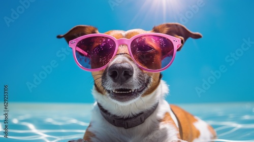 Funny Shot of a Dog Wearing Sunglasses on a Pool.