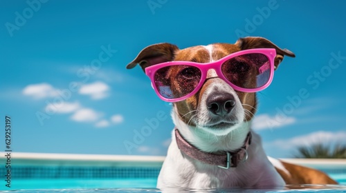 Funny Shot of a Dog Wearing Sunglasses on a Pool. © Boss
