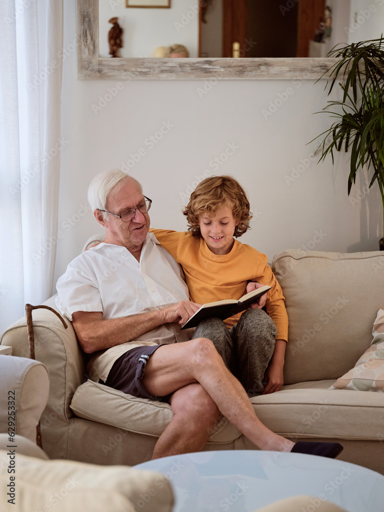 Boy and grandfather reading book on couch during free time