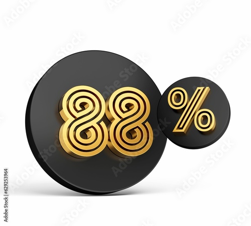 3D illustration of a black and gold circular sign showcasing the numbers 88 and a percentage sign photo