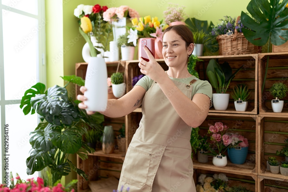 Young beautiful woman florist make photo to flower by smartphone at flower shop