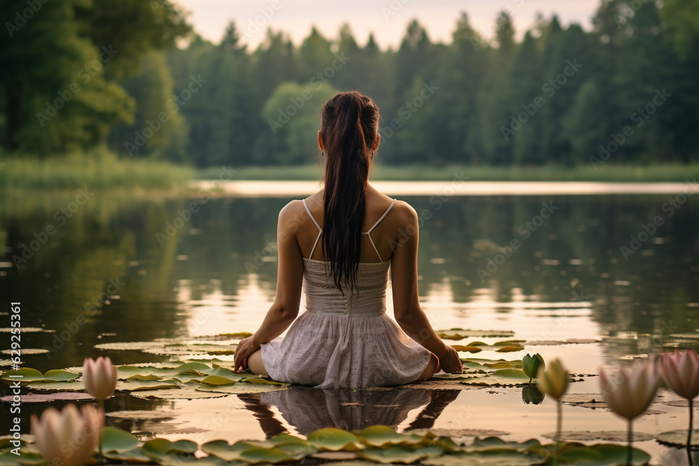 illustration of a person sitting on the edge of a lake on a lotus leaf. the concept of harmony, relaxation and unity with nature. Created with Generative AI illustration of a person sitting on the edge of a lake on a lotus leaf. the concept of harmony, relaxation and unity with nature. Created with Generative AI