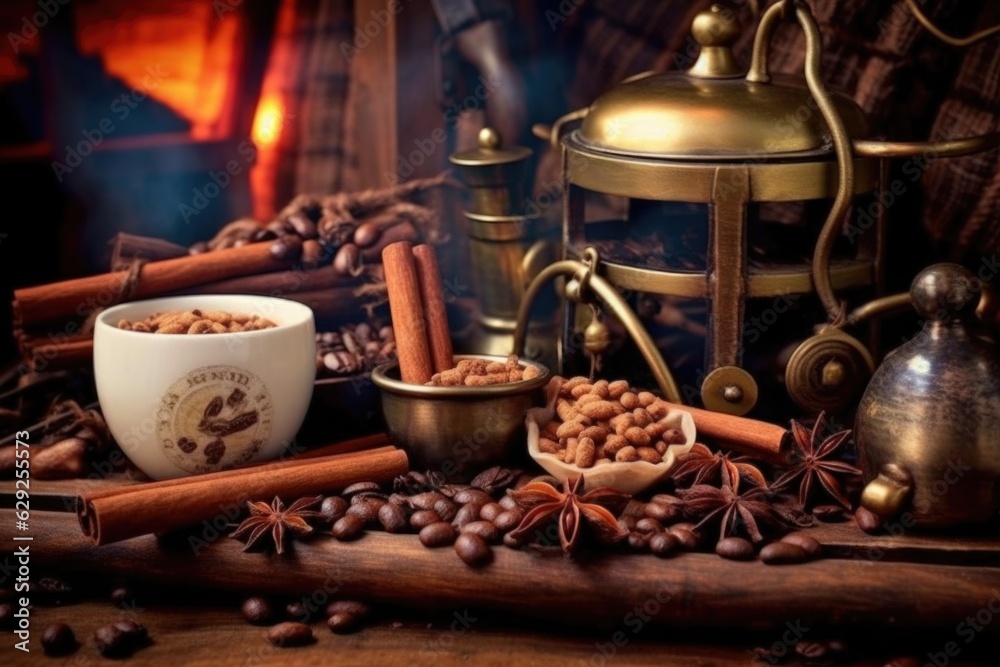 Composition created with coffee beans, various tools and various spices.