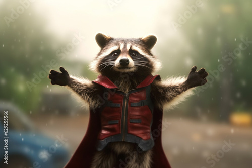 The Hilarious Raccoon in a Superhero Costume Embarking on Adventures - AI generated © artefacti