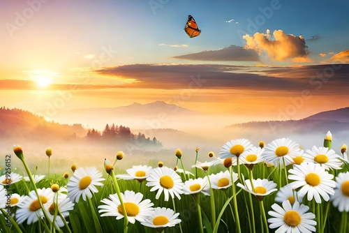 Spring summer landscape with field flowers of daisies and fluttering butterfly