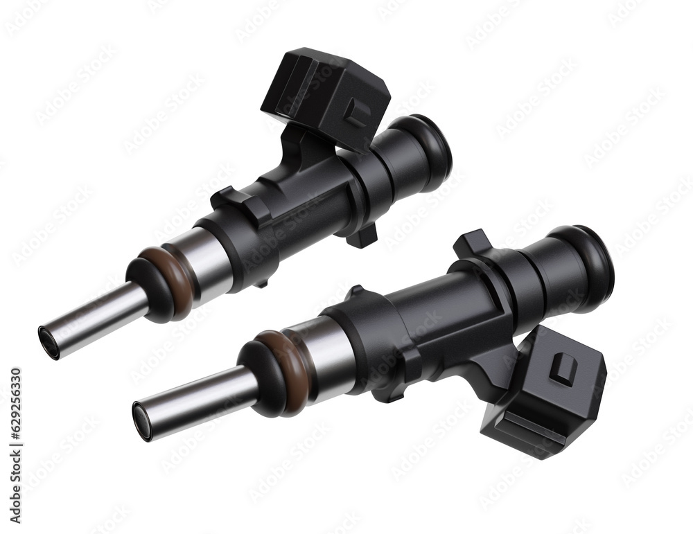 Petrol fuel injectors on white background