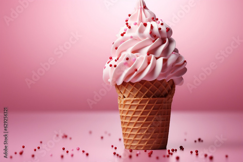 Close-up of melting milk cute ice cream in a waffle cone, isolated on a flat background with copy space. Creative concept for summer cold desserts. 3d render