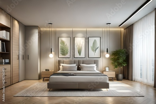  Interior of a cozy modern bedroom in light brown