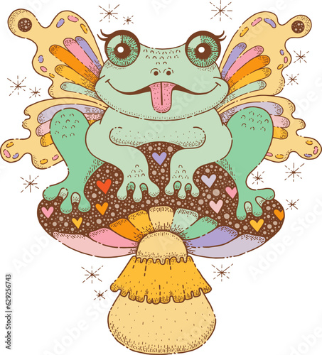 Frog butterfly on mushroom sticker. Vintage groovy illustration of cute frog on mushroom. Doodle psychedelic art of happy toad with butterfly wings on amanita, vector hand drawn retro hippie poster