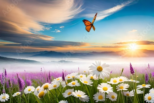 Spring summer landscape with field flowers of daisies and fluttering butterfly © muhmmad