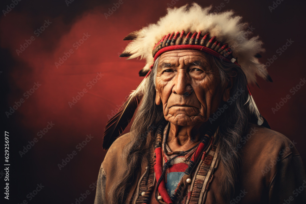 Portrait of elder native American Indian man in Apache-headdress tribal chief hat with feathers on background with copy space.