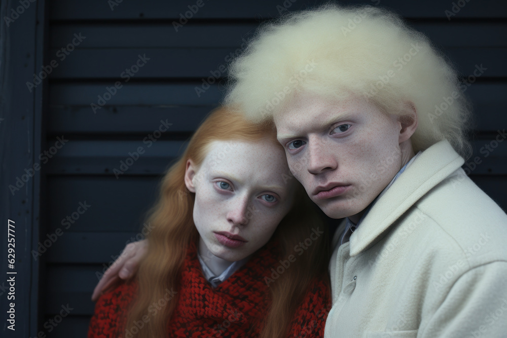 Young unique couple against an urban shutter or fence. Albino man and redhead girl next to each other. Young unique couple against an urban shutter or fence. Albino man and redhead girl next to each other.