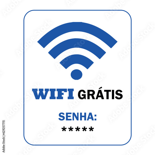 Wi-Fi Grátis com Senha. Arte decorativa azul e branca, com textos informativos pretos e azuis. Vetor organizado com espaço para senha de internet livre.