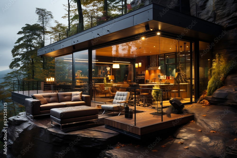 modern house in the woods in autumn, beautiful exterior big windows, view of the mountain, on a cliff