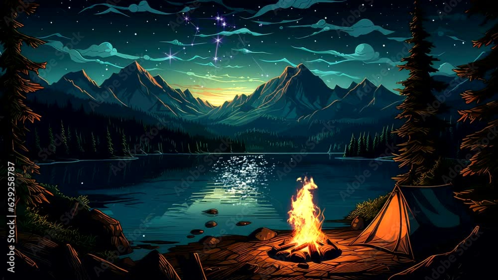 Camping in the mountains at night video footage, with bonfire, and tend,  beautiful view background looping scenery 4k quality	
