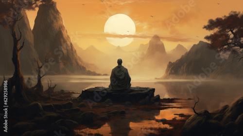 Illustration of a man meditating while sitting on a rock in front of a mountain lake at sunset.