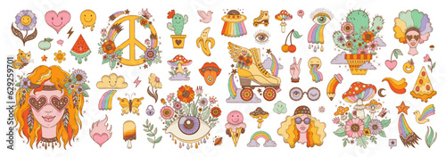 Groovy psychedelic stickers with flowers, rainbow, peace sign, mushrooms, heart and girls in retro style. Doodle hippie clipart with cactus, roller skate, eye and dove, vector hand drawn set