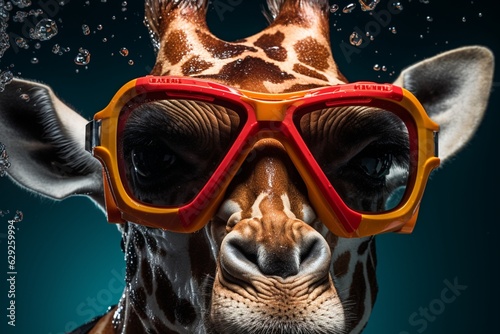 A giraffe scuba diving in the sea. Surreal concept for summer holidays banner, card or editorial. Illustration. Generative AI © Miss V