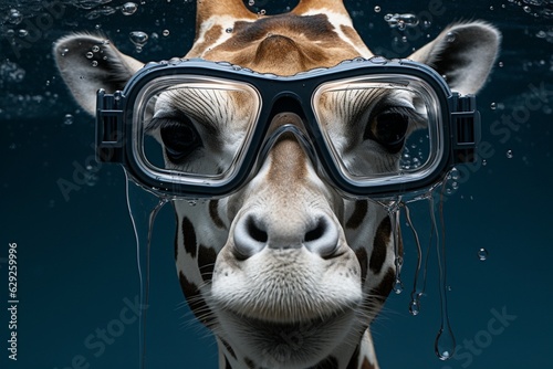A giraffe scuba diving in the sea. Surreal concept for summer holidays banner, card or editorial. Illustration. Generative AI