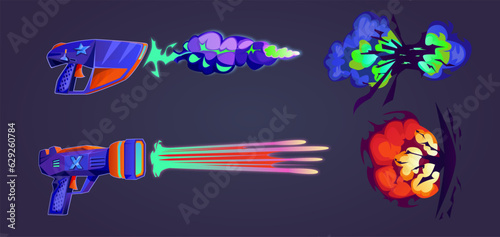 Vector set of futuristic weapons, space blaster shot, hitting the target. Hand weapons, laser weapons, plasmic beams rays, vfx gun effect. Bomb explosion in the air. Sci-fi cartoon illustration.