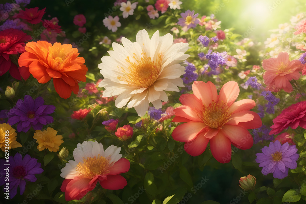 Fototapeta premium Vibrant and joyful flower blossoms garden scene, fine art quality Generated by AI