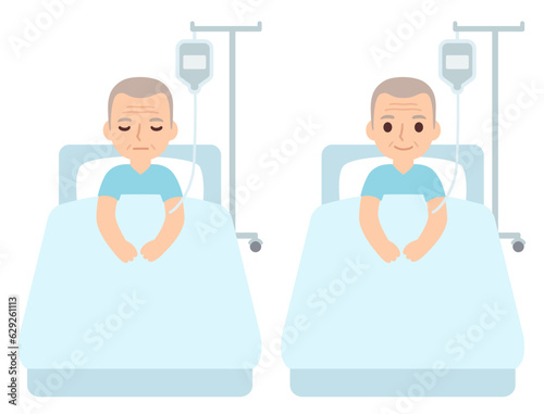 Senior man in hospital bed cartoon illustration