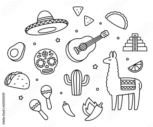 Mexican symbols doodle drawing set