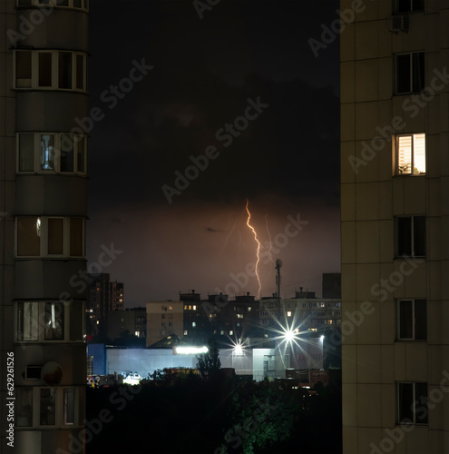 Lightning over the city. Lightning in the sky