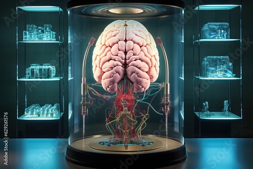 Close-up view of a cloned human brain with wires connected to it. The human brain in the laboratory for creating artificial intelligence. Attempts to explore and improve the abilities of the human