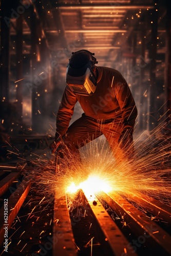 Photographie a welder using welding machine with a helmet