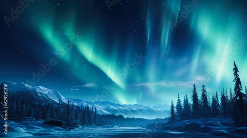 Aurora Borealis in the winter sky with empty space for text 