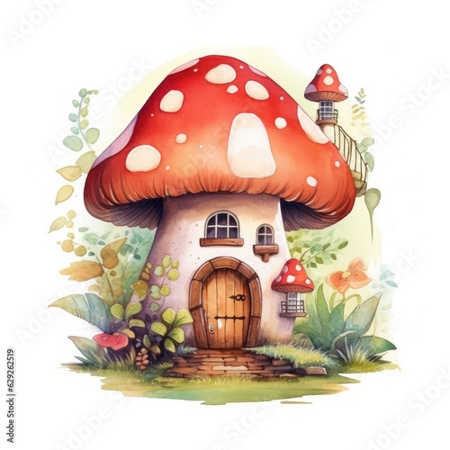 Happy Mushroom House Watercolor Clipart
