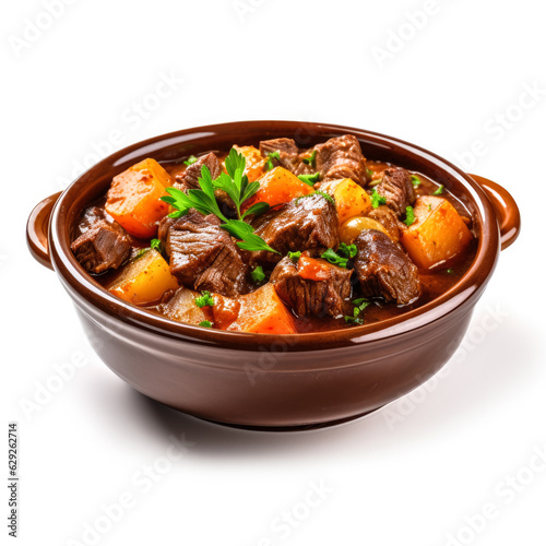 Hearty beef stew isolated on white background 