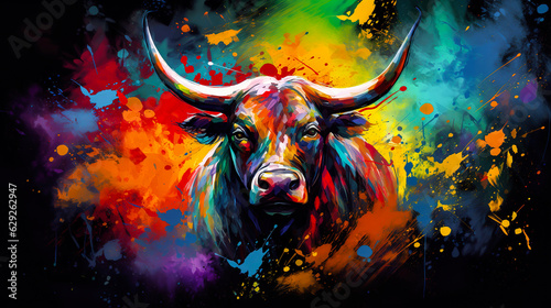 Angry bull head illustration in abstract mixed grunge colors digital painting in minimal graphic art style. Digital illustration generative AI.