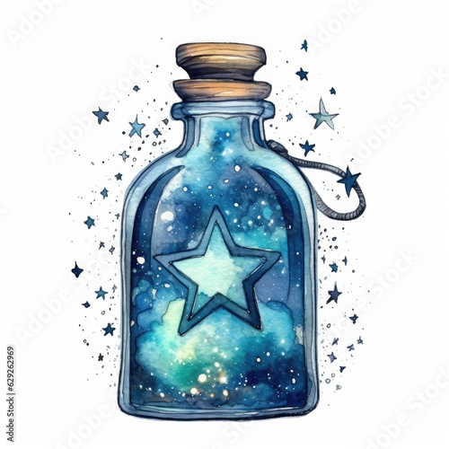 Star and Moon Filled in Glass Bottle in Blue Tone Watercolor Clipart