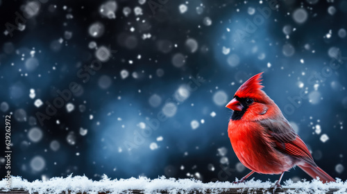 Red cardinal on snow background with empty space for text 