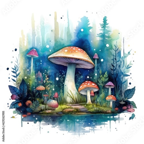 Magical Forest Clearing with Mushrooms, Fireflies, and a Sense of Wonder Watercolor Clipart