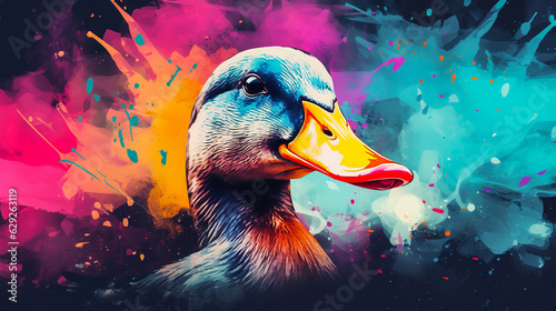 Closeup portrait of duck in mixed grunge colors style illustration photo