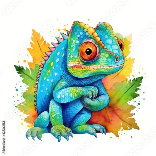 Watercolor sky blue Chameleon Clipart