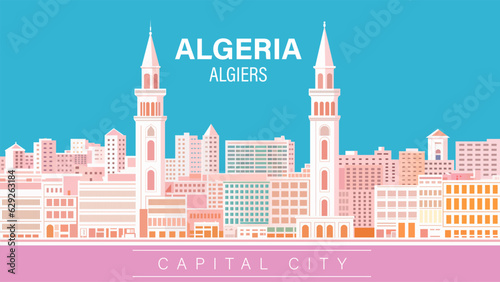 Algeria Algiers city skyline background, a digital rendering, international typographic style