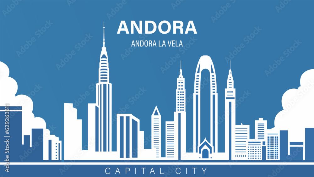 Andorra, Andorra la Vella capital city skyline with a blue sky and clouds in the background, a digital rendering, art deco