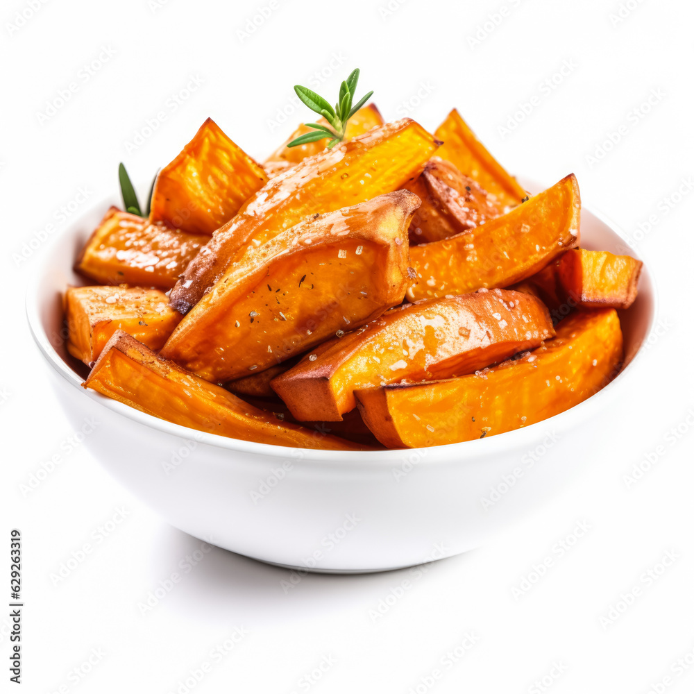 Roasted sweet potatoes with cinnamon and honey isolated on white background Roasted sweet potatoes with cinnamon and honey isolated on white background