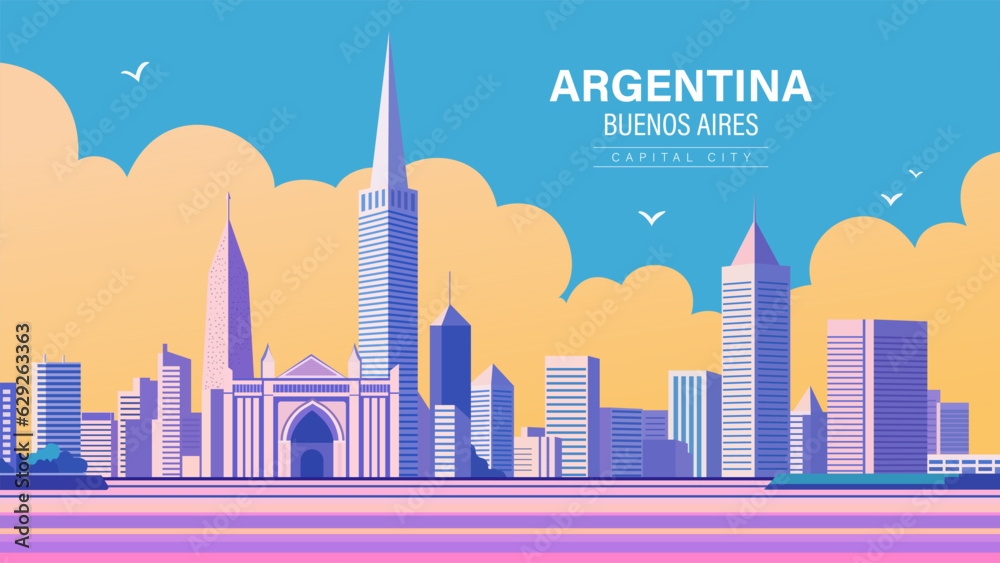 Argentina Buenos Aires capital city with tall buildings and a sky background with clouds in the sky and a bird flying over it colorful flat surreal design, a matte painting