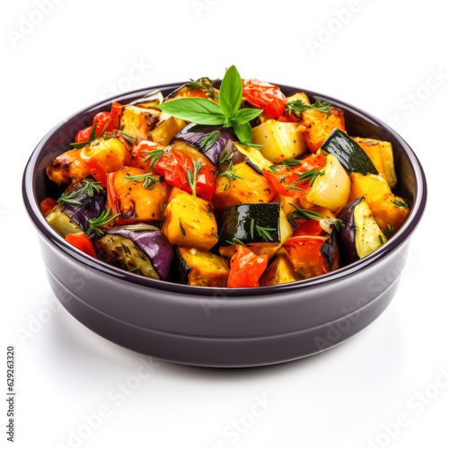 Roasted vegetable medley with herbs isolated on white background 